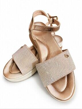 Juicy Couture Impress Rose Gold Iridescent Rhinestone Wedge Sandals Size 7.5